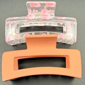 2pc Square Claw Clips Matte‎ Peach Transparent Heart Print Hair Accessories